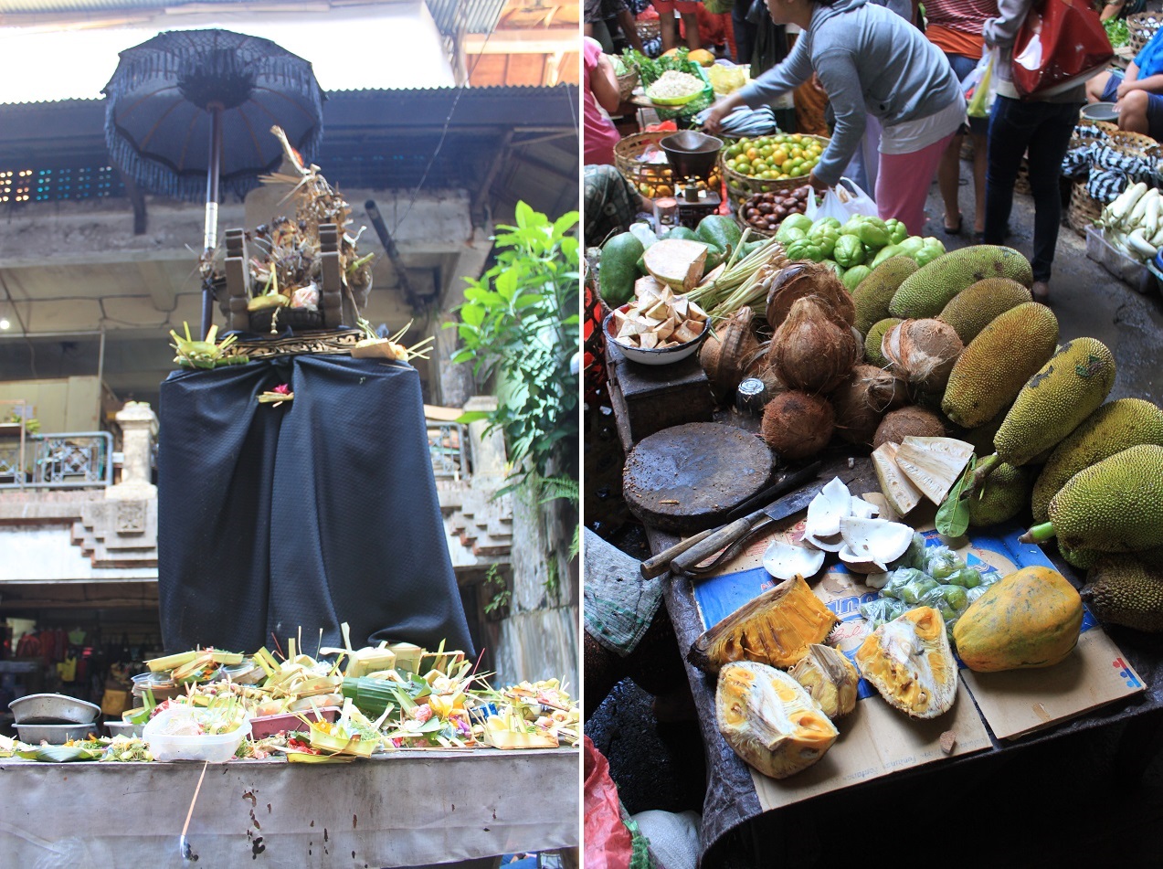 A Small Spirit House in the Middle of the Market (left); Jackfruits for Sale