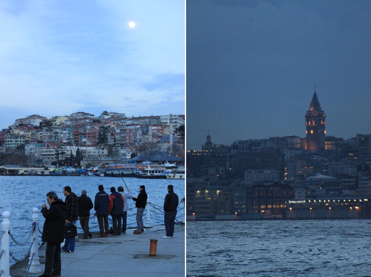 Left: Locals Hanging Out at the Shore of Üsküdar; Right: Galata Tower at Night